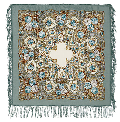 Chale à motifs traditionnels gris,bleu ciel et beige avec des fleurs 100% laine - Frange en laine