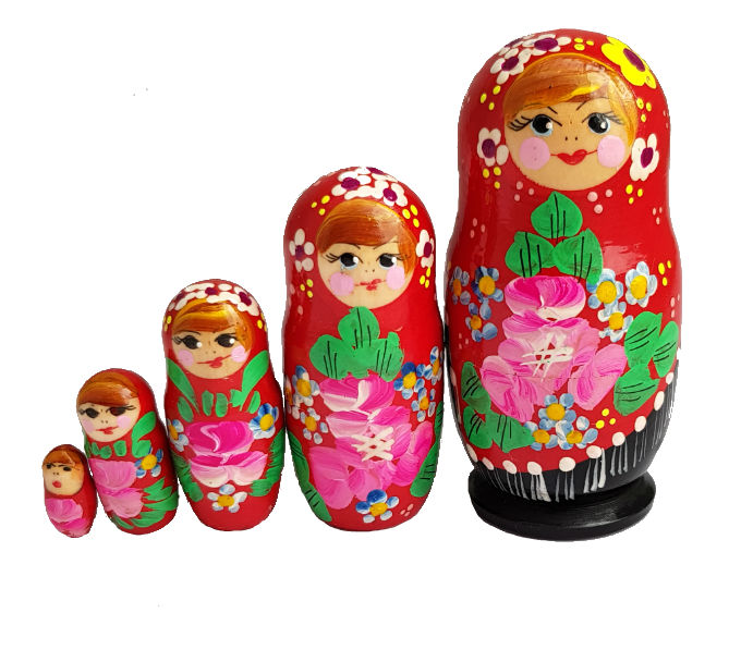 Matriochka rouge et vert avec des fleurs Famille 5 pieces peinte à la main par une artiste russe, souvenir de Russie