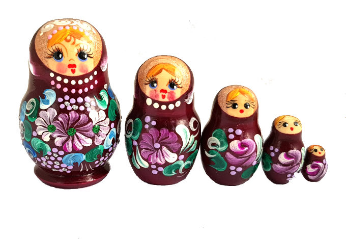 Matriochka Famille   bordeau rouge 5 pieces peinte à la main