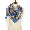 Foulard à motifs traditionnels bleu 100% laine - Matin de printemps  - Frange en soie