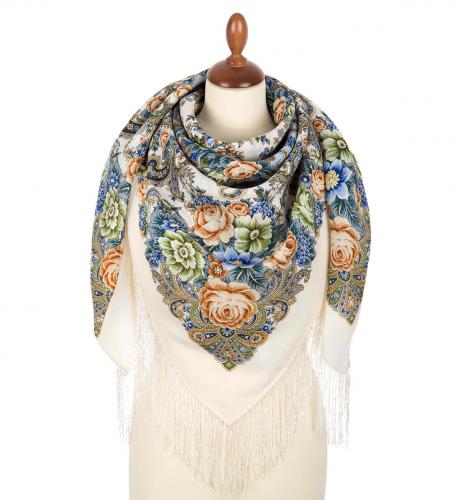 Foulard à motifs traditionnels bleu 100% laine -  Frange en soie