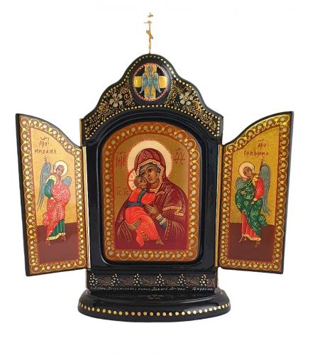 Icone Russe Religieuse Orthodoxe Triptyque Notre Dame  Noir et Doré création russe T9600