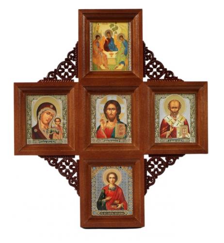 Icône dans un étui   multiplaces, double gaufrage, 5 icônes sculptées Trinité Sauveur de Kazan Nick. Pantèlerion T9756