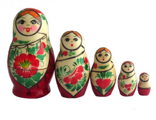 Matriochka Famille 5 pieces peinte à la main rouge et blanc