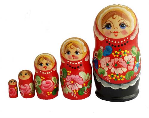 Matriochka Famille 5 pieces rouge et noir peinte à la main, un souvenir russe