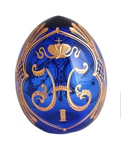 Oeuf en verre Copie Fabergé  bleu et doré gravé à la main T5739