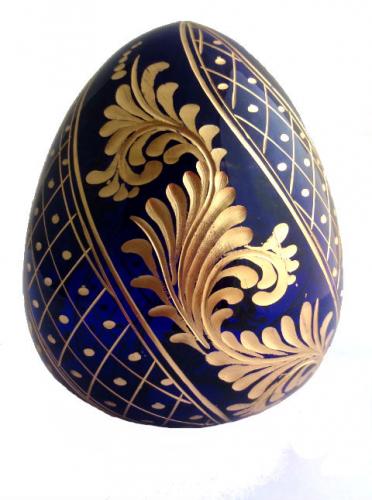 Oeuf en verre Copie Fabergé  bleu et doré gravé à la main T5742