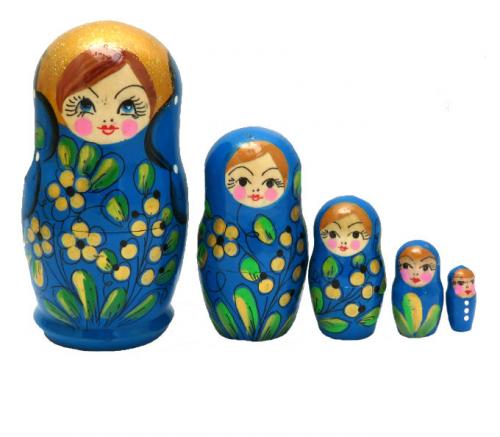 poupée russe fleurs bleu avec 5 pieces