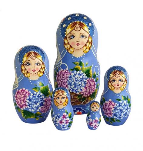 Poupée  gigogne bleu avec les fleurs - Artisanats russe T9742