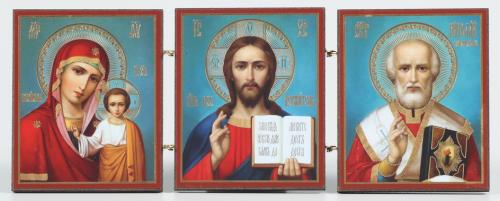 Triplique en bois, double gaufrage Sauveur-Kazan Mère de Dieu - Saint Nicolas T9574