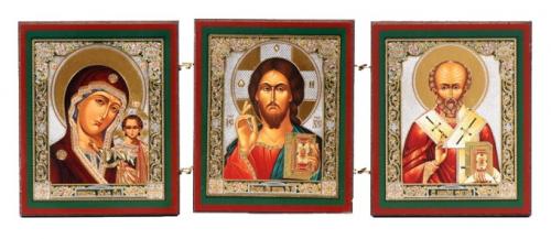 Triptique  en bois, double relief Sauveur-Kazan Mère de Dieu - Saint Nicolas T9572