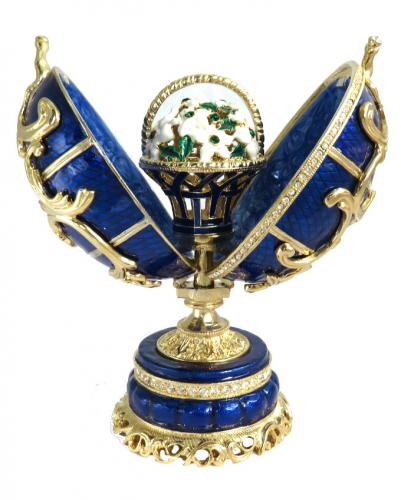 Copie œuf de Fabergé Boite à musique bleu et or bouquet de fleurs fabrication artisanale T5248