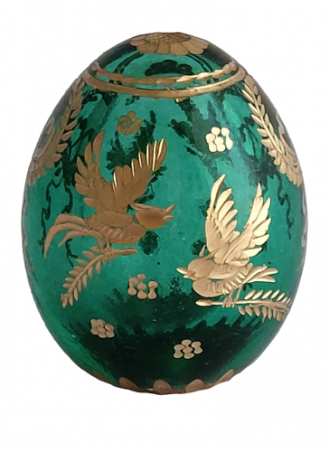 Oeuf en verre Des oiseaux Copie Fabergé Vert et Doré gravé à la main T9858